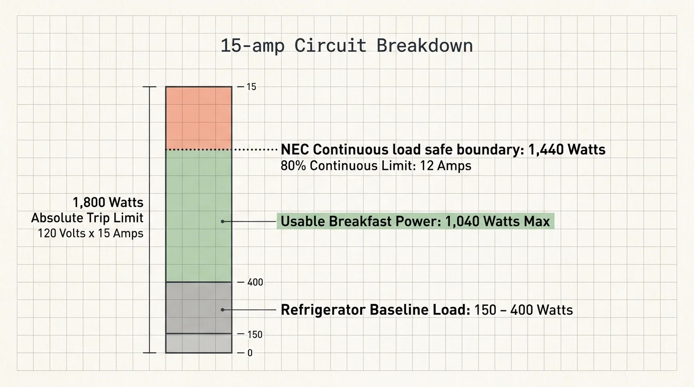 Stacked bar chart showing a 15-amp circuit breakdown with refrigerator baseline load and 1,040 watts usable breakfast power.