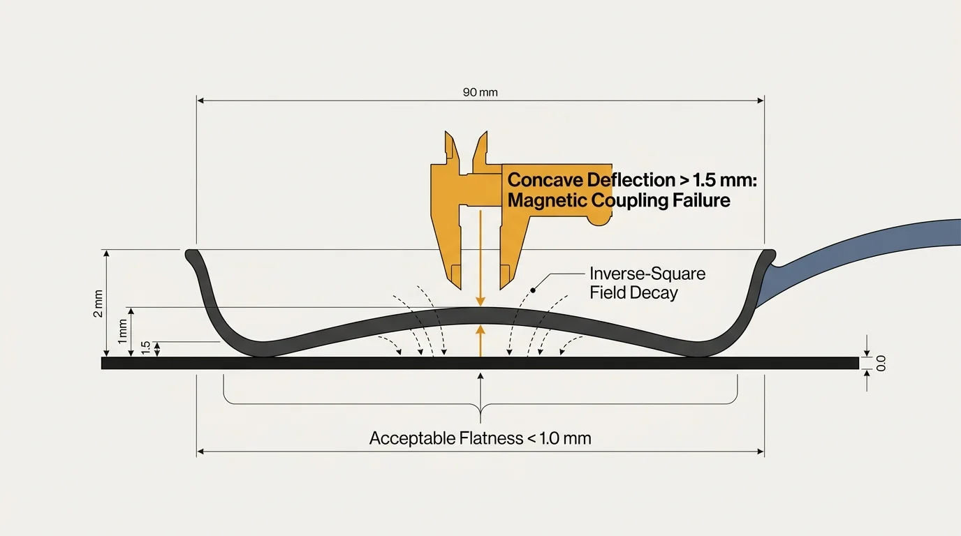 Cross-section diagram of a warped pan on a cooktop with a caliper measuring central concave base deflection.