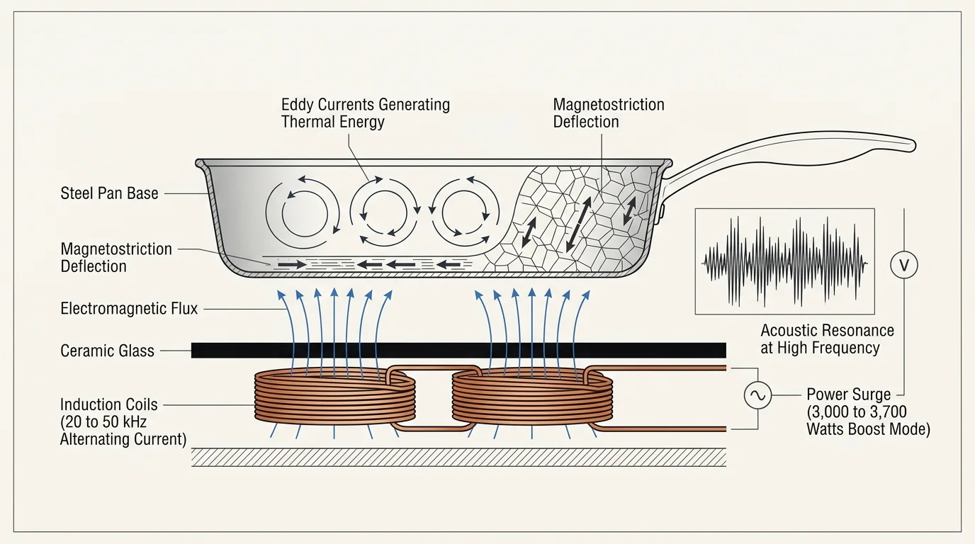 Diagram of an induction coil beneath ceramic glass heating a steel pan, showing electromagnetic flux and eddy currents.