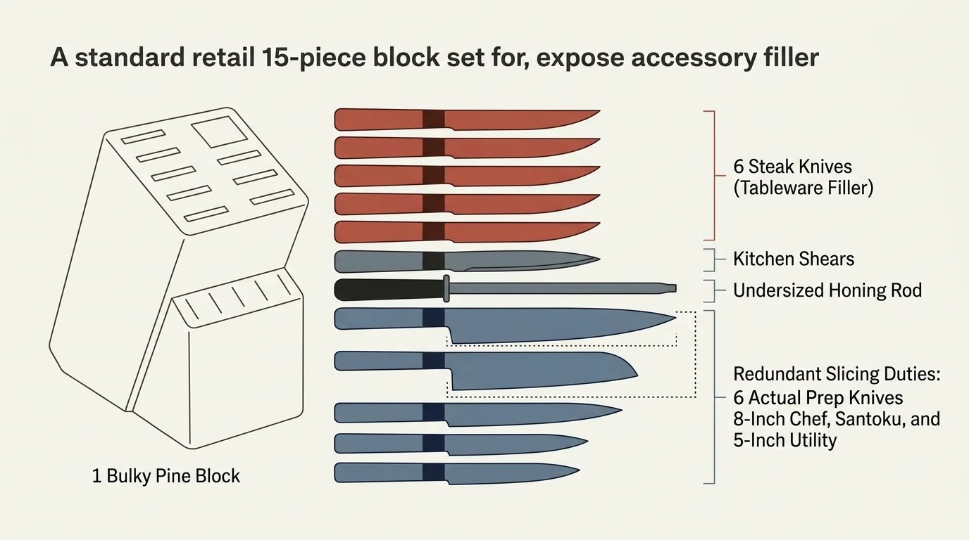 Diagram breaking down a 15-piece knife block set into a pine block, steak knives, shears, a honing rod, and prep knives.