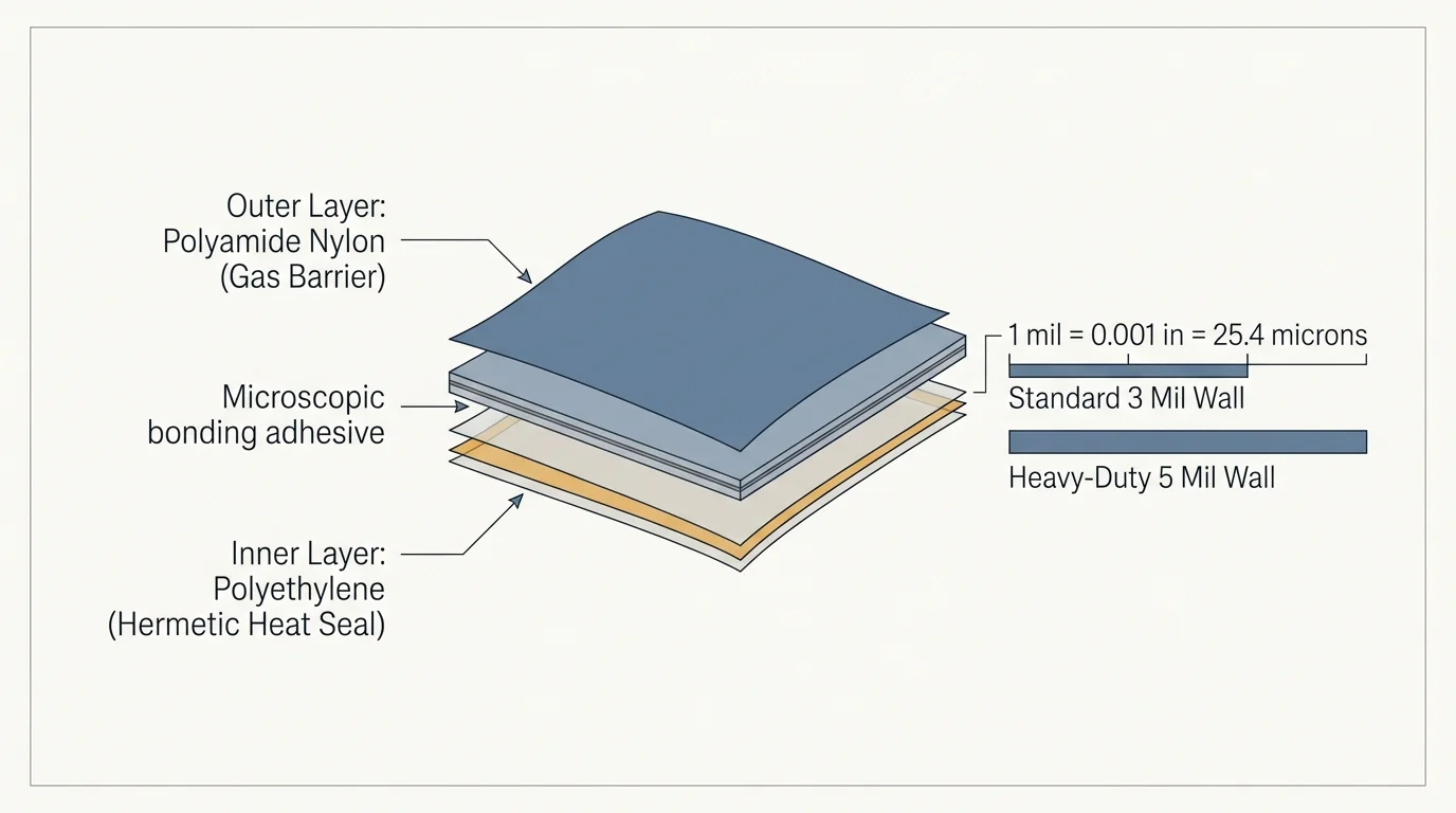 Diagram of layered vacuum bag construction showing nylon, adhesive, and polyethylene layers next to thickness comparison bars.