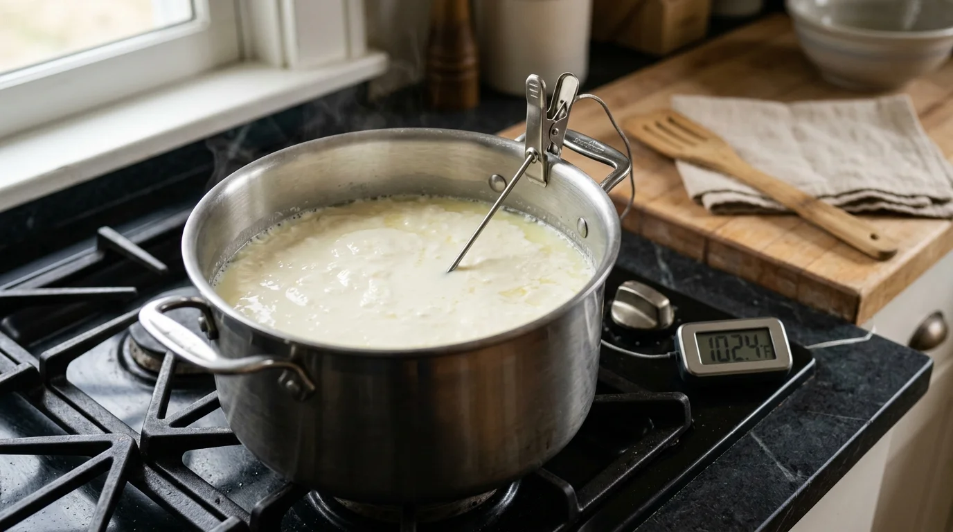 Stainless steel pot of curds heating on a stovetop with a digital probe thermometer reading 102.4 degrees Fahrenheit.