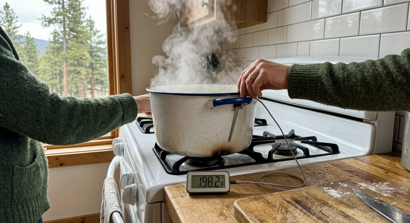 Person positioning a digital probe thermometer inside a steaming pot on a gas stove displaying 198.2 degrees Fahrenheit.