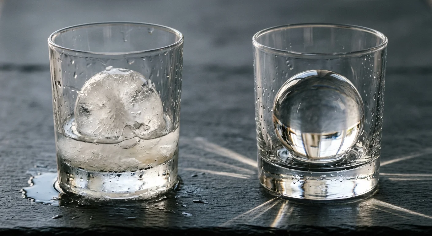 A cloudy ice ball melting in a glass next to a crystal-clear ice sphere in a glass on a slate surface.