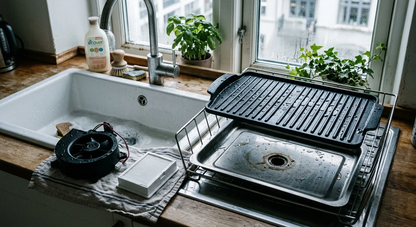 Disassembled smokeless grill parts, including a fan, filter, metal tray, and grill plate, drying next to a kitchen sink.
