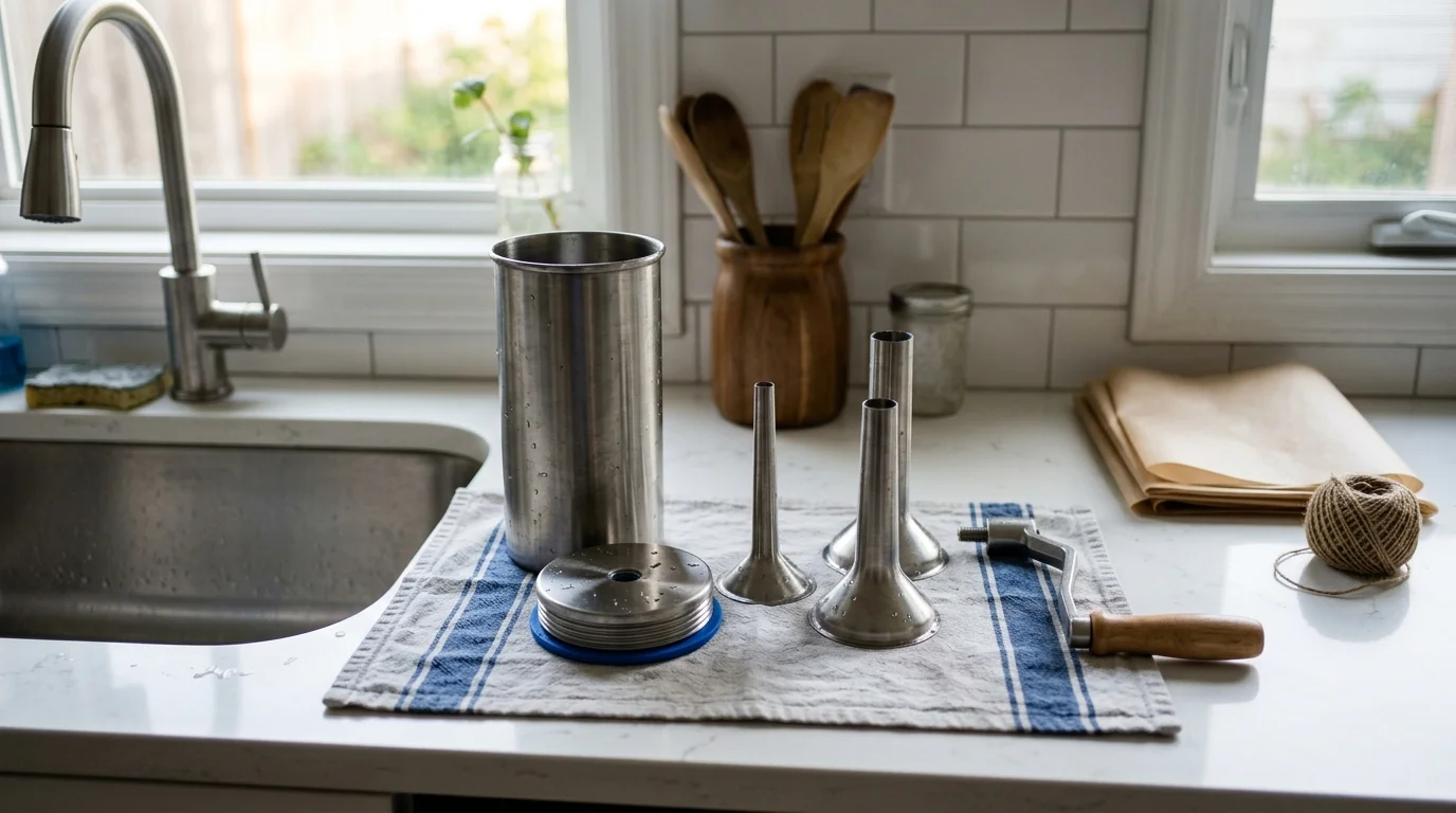 Stainless steel sausage stuffer cylinder, stuffing tubes, piston, and hand crank drying on a towel by a sink.