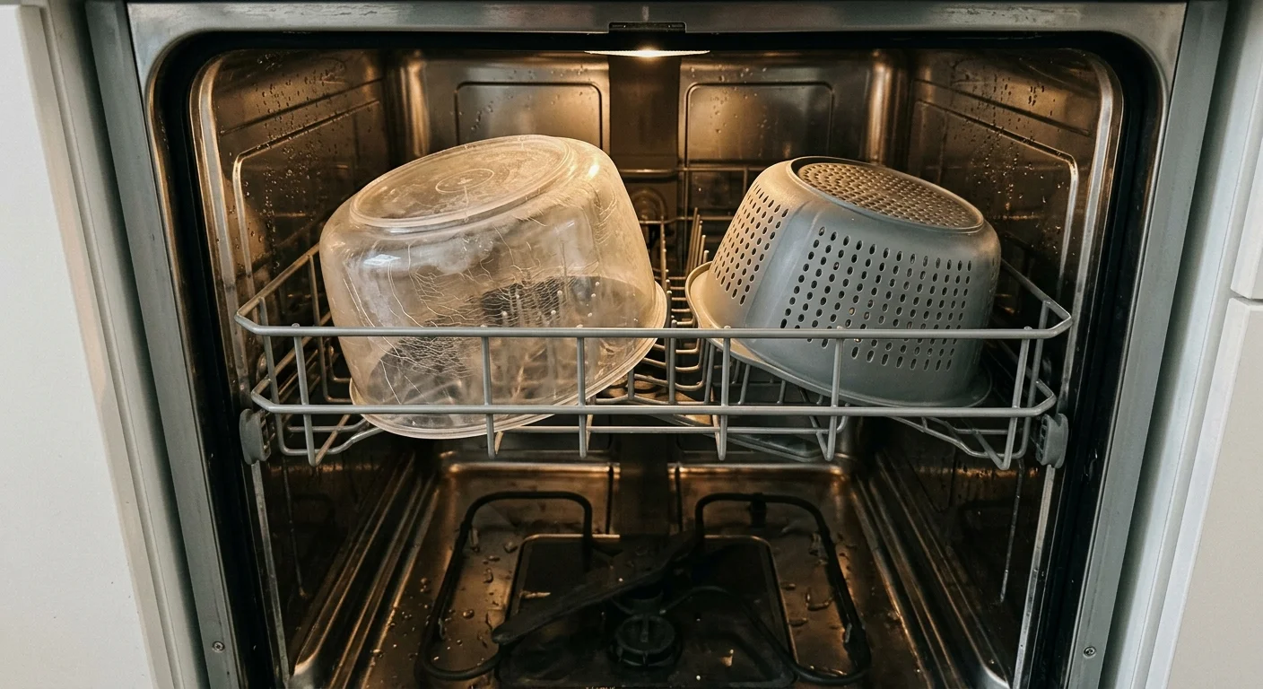 Inverted clear plastic bowl and gray colander sitting on the upper rack inside an open dishwasher.