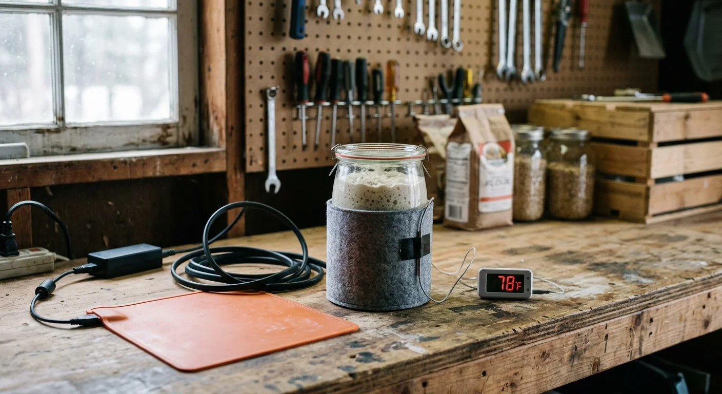 Sourdough starter jar wrapped in felt on a wooden workbench beside a silicone heating pad and digital 78°F display.
