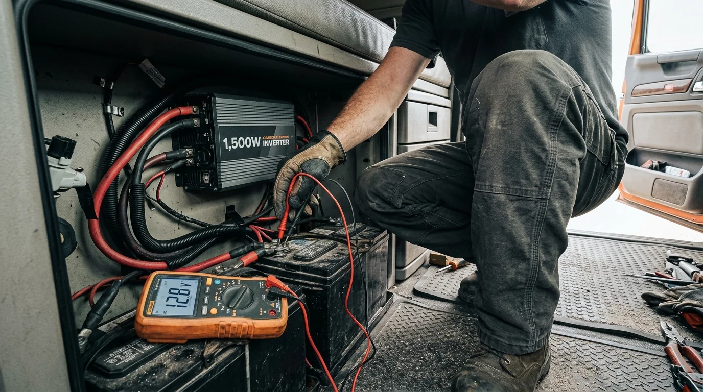 A mechanic testing a semi truck battery bank connected to a 1,500W inverter using a digital multimeter.