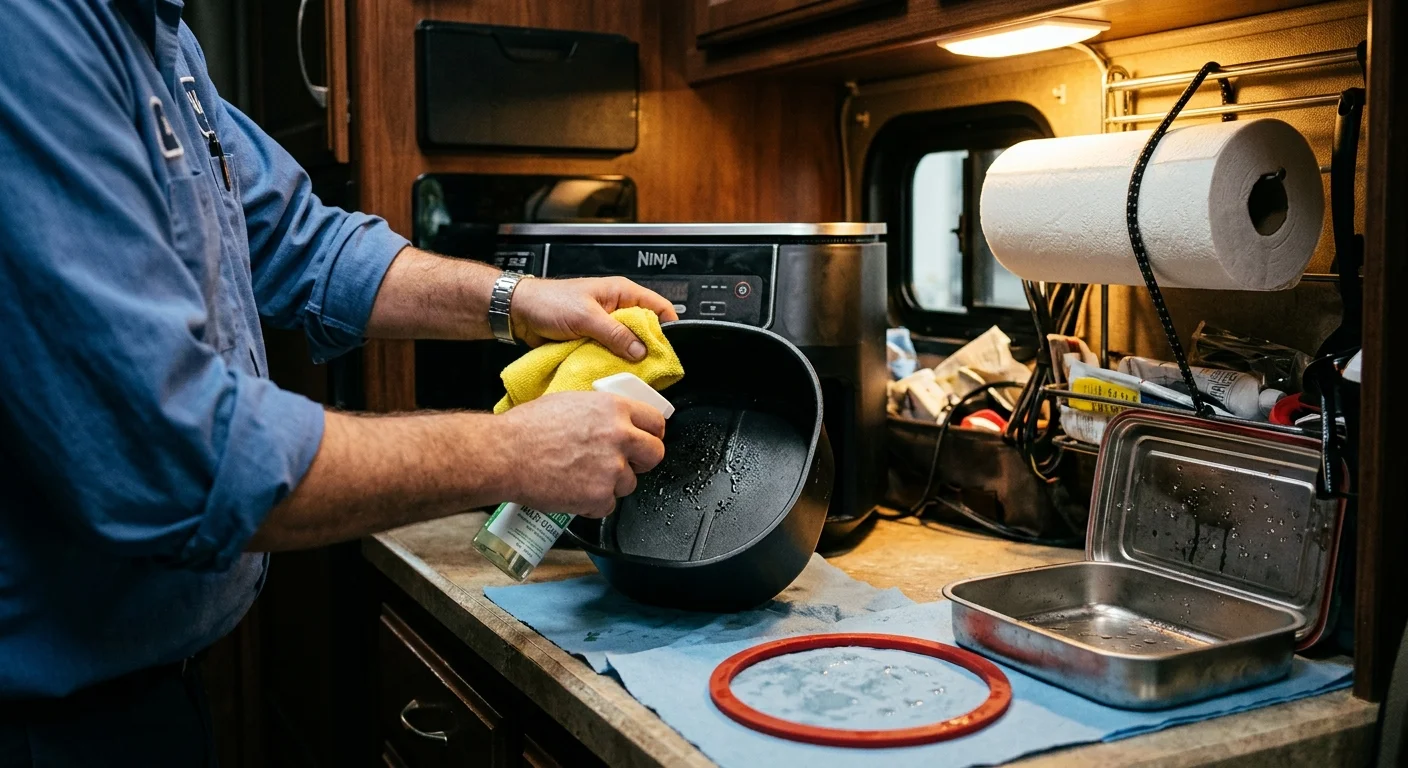A man cleans an air fryer pot with a spray bottle and cloth inside a sleeper cab near paper towels and pans.