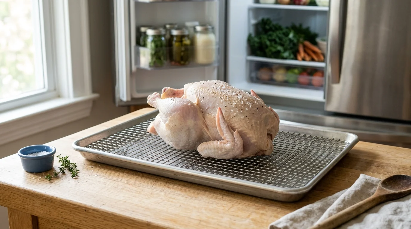 Dry-brining raw chicken on an elevated wire rack nested inside a quarter-sheet aluminum baking pan on a kitchen island.