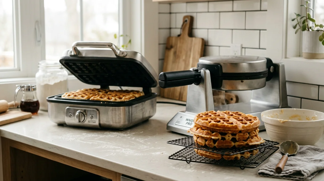 Open dual-plate waffle iron beside a rotating flip iron with a stack of waffles on a wire cooling rack.