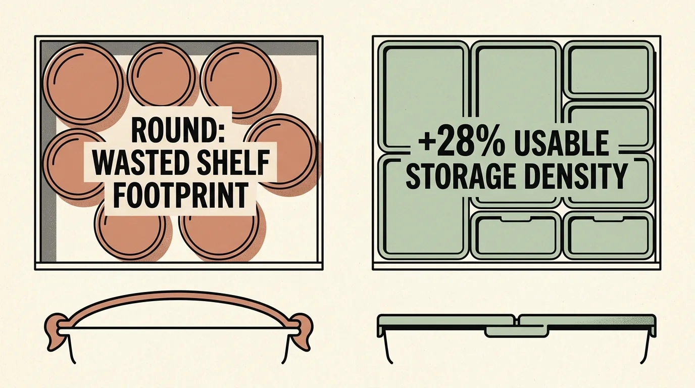 Diagram comparing round containers labeled as wasted shelf footprint against rectangular containers labeled +28% usable storage density.