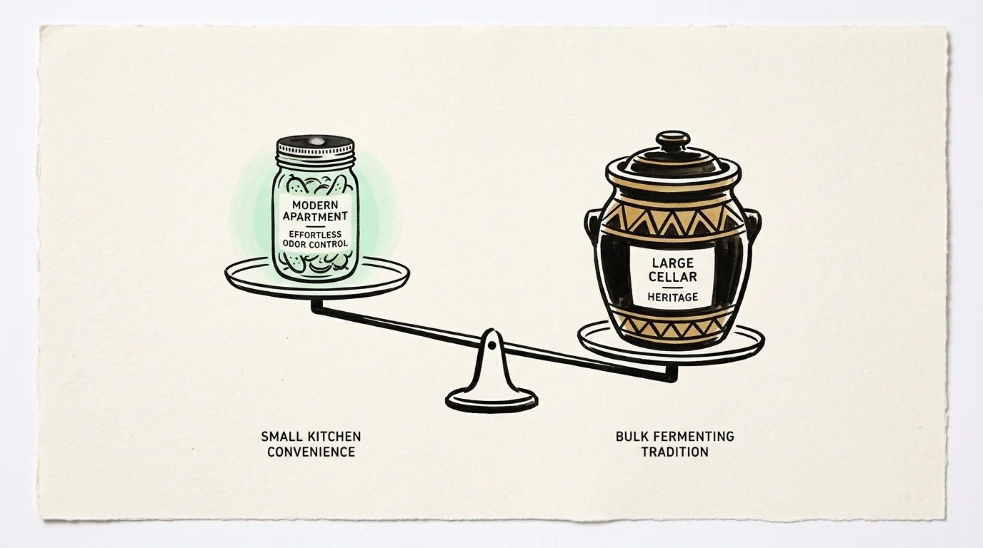Illustration of a balance scale weighing a Mason jar on the left against a heavier ceramic crock on the right.
