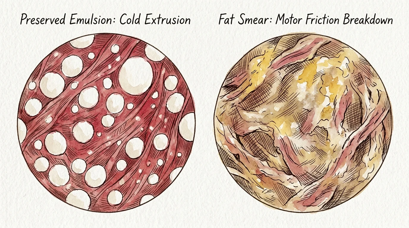 Circular watercolor illustrations comparing a preserved cold meat emulsion against a smeared fat emulsion from motor friction.