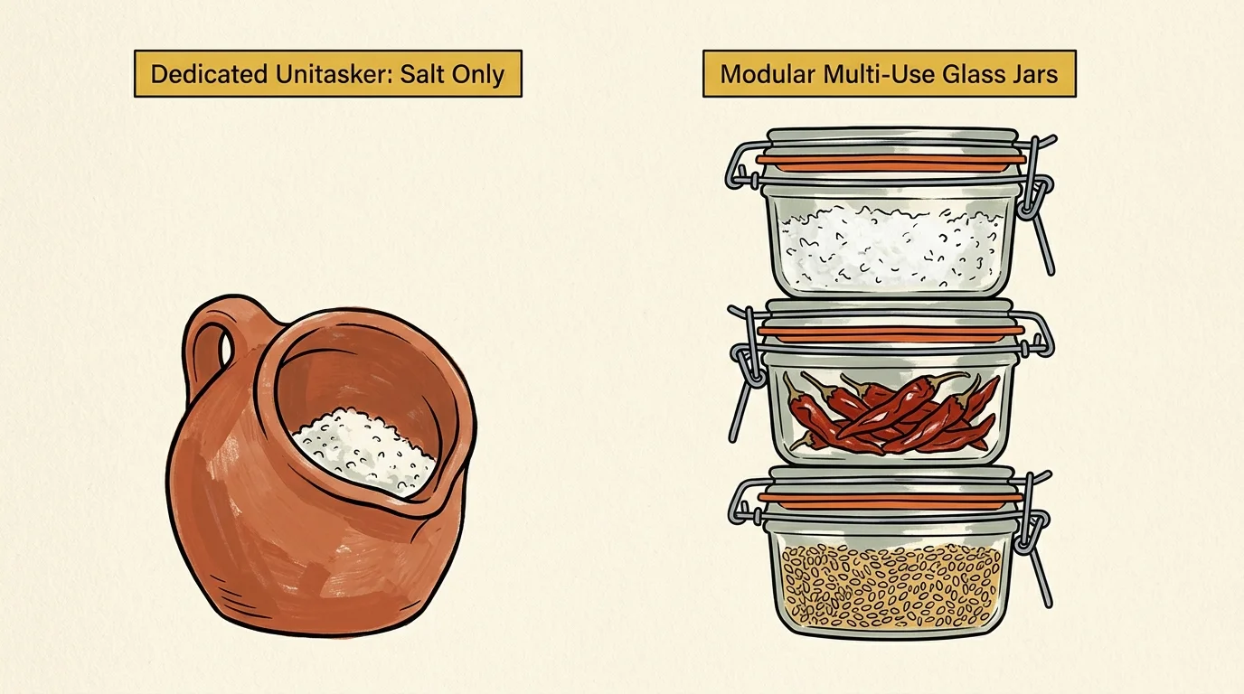 Illustration comparing a terracotta salt pig to a stack of three glass clamp jars holding salt, chili peppers, and seeds.