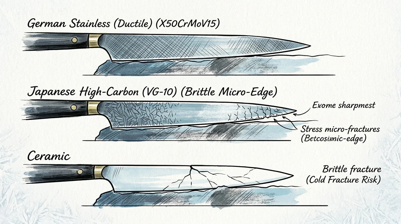 Diagram of three knife blades labeled German Stainless, Japanese High-Carbon, and Ceramic, showing stress fractures and cracks.