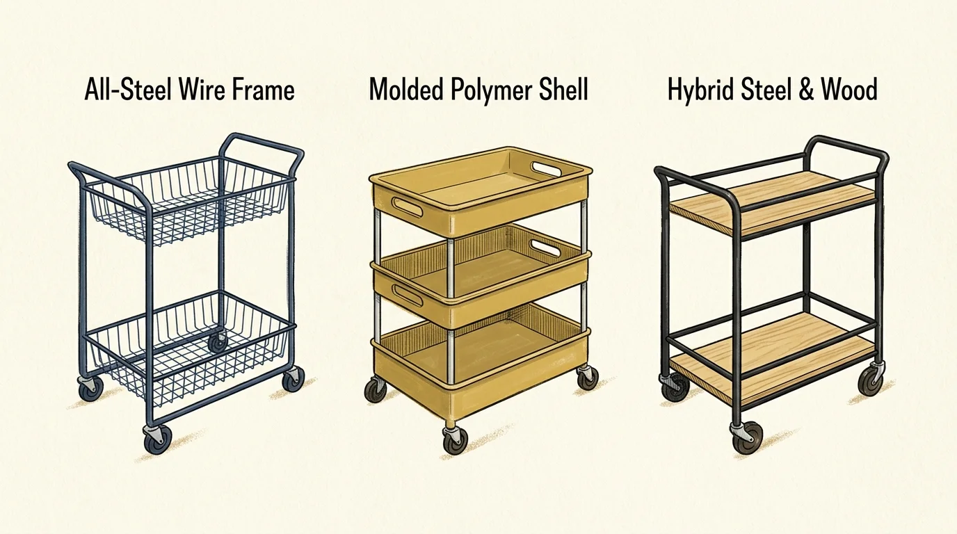 Editorial illustration comparing wire mesh, molded plastic, and hybrid metal-wood designs for ultra-slim kitchen rolling carts.