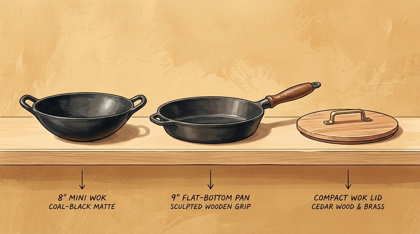 Illustration of an 8-inch mini wok, a 9-inch pan with a wooden grip, and a cedar wok lid on a shelf.