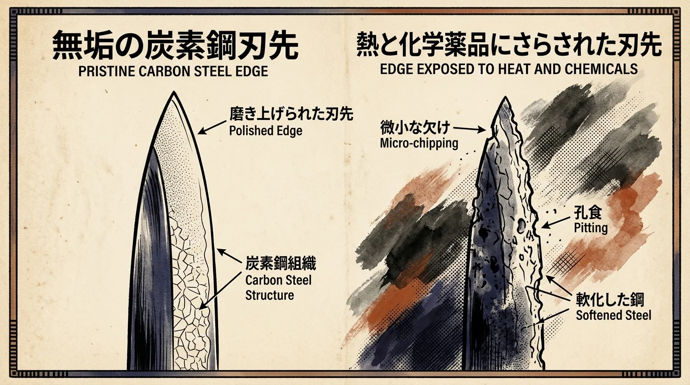 Diagram contrasting a pristine knife edge with an edge damaged by heat and chemicals showing micro-chipping and pitting.