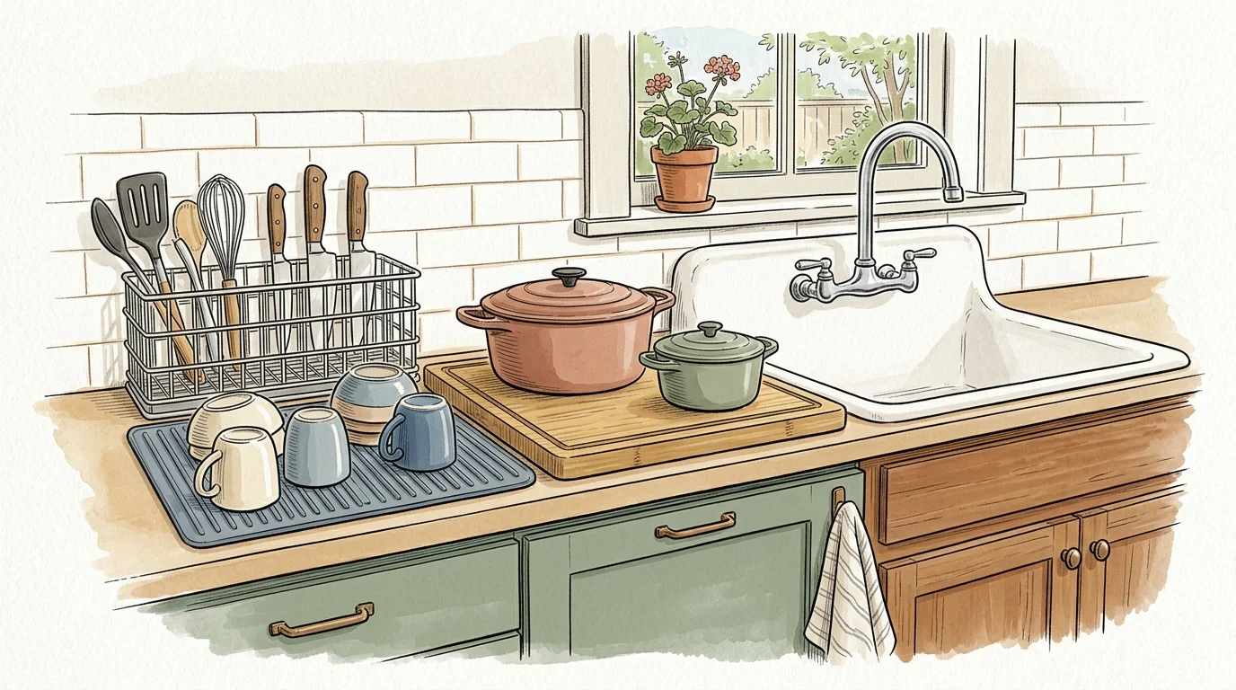 Kitchen counter beside a white porcelain sink with cookware on a cutting board, drying rack, and mugs on a silicone mat.