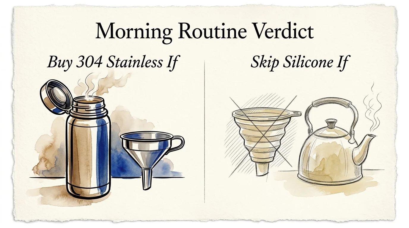 Split illustration with a metal thermos and funnel on the left, and a crossed-out collapsible funnel by a kettle on the right.