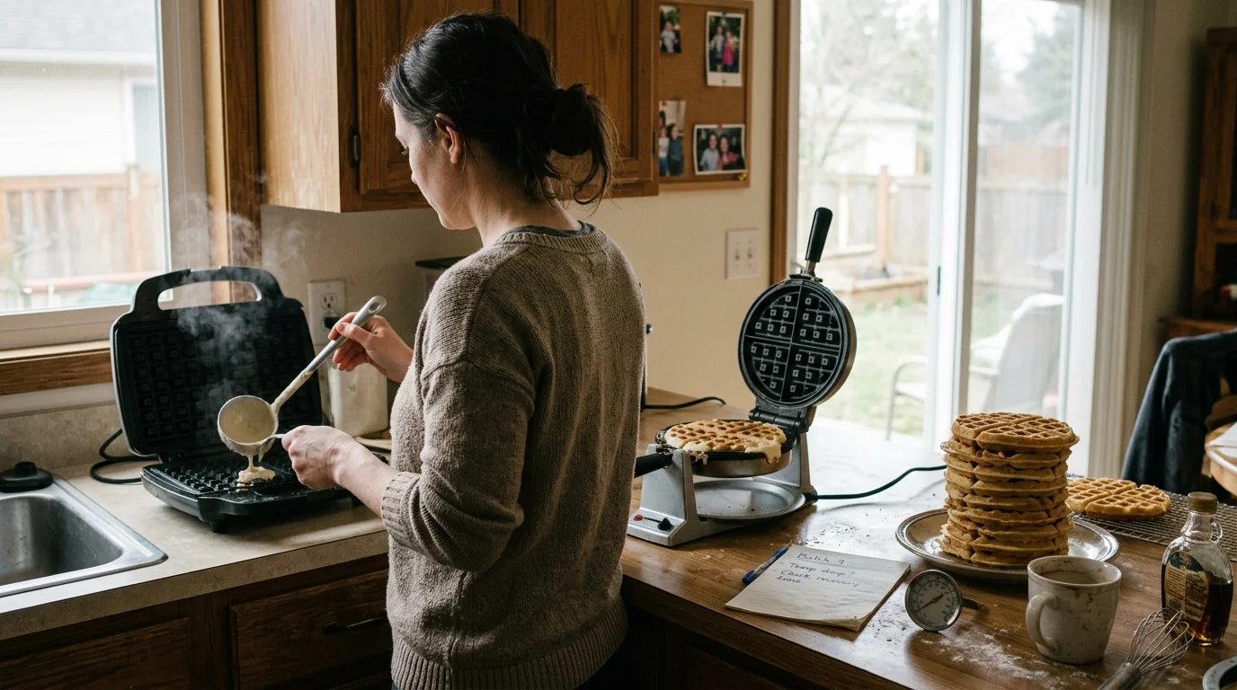 A woman pours batter into a waffle iron on a kitchen counter near a rotating iron and a tall stack of cooked waffles.