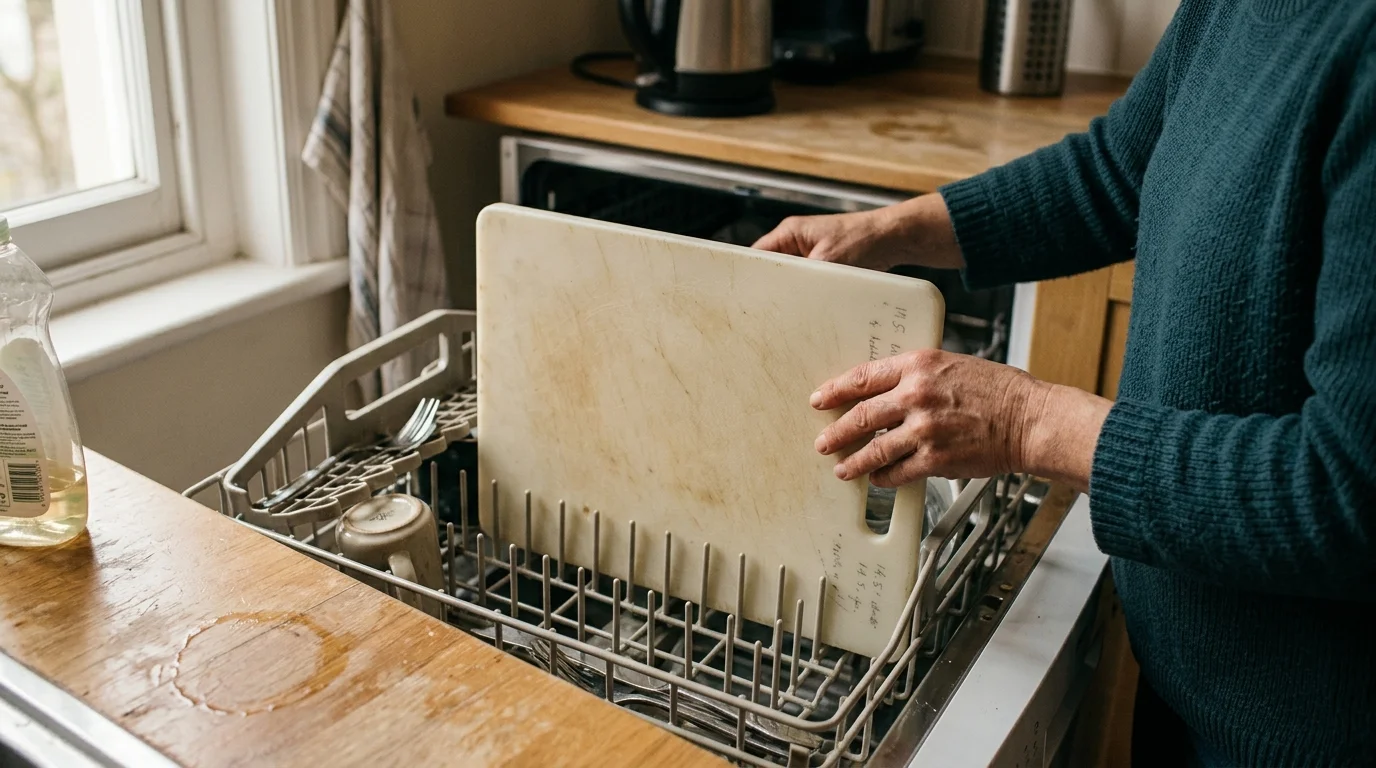 A person places a worn white plastic cutting board vertically into the bottom rack of an open dishwasher.