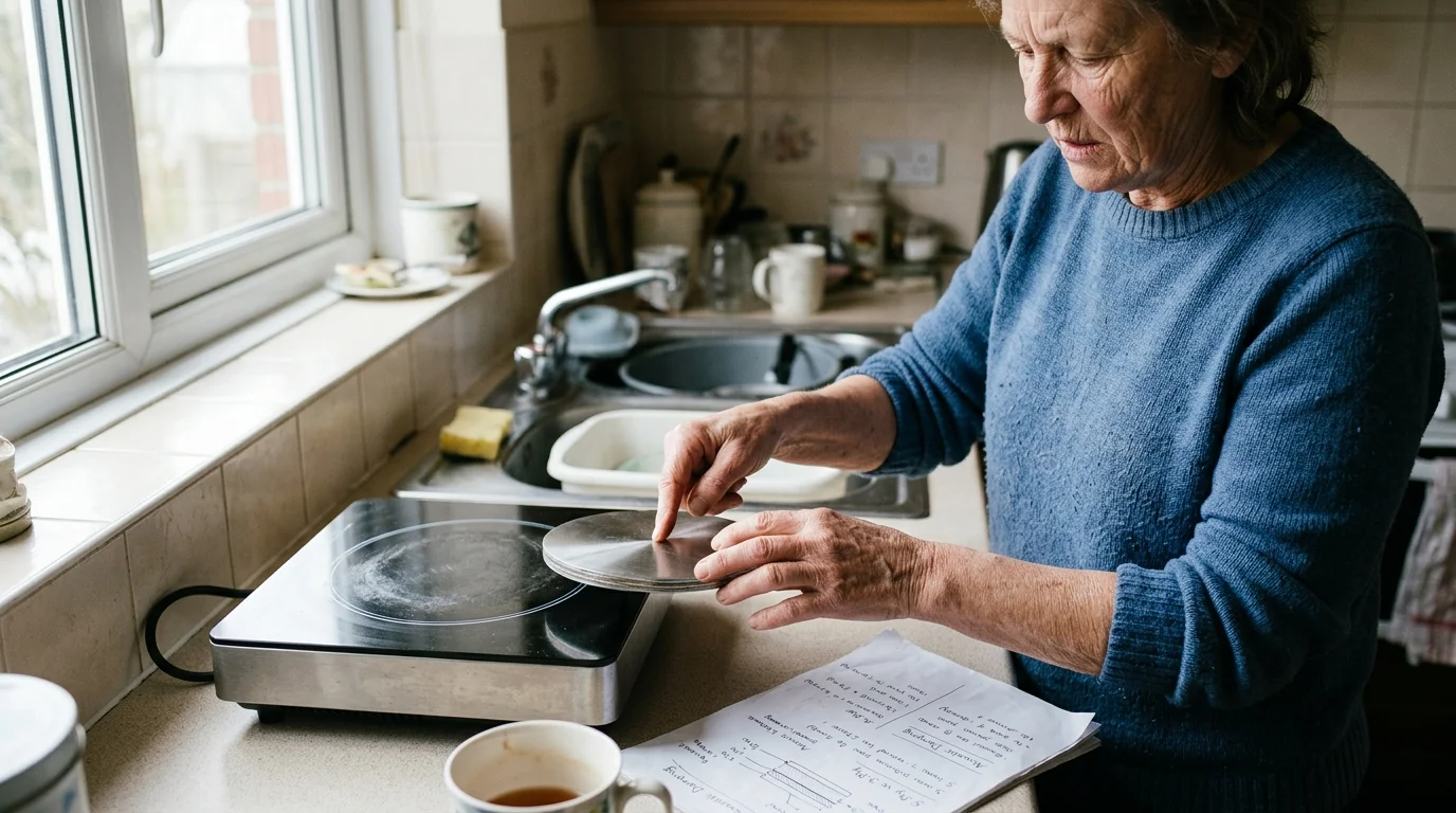 A woman in a kitchen inspects a circular metal pan base next to a portable induction cooktop and notes.