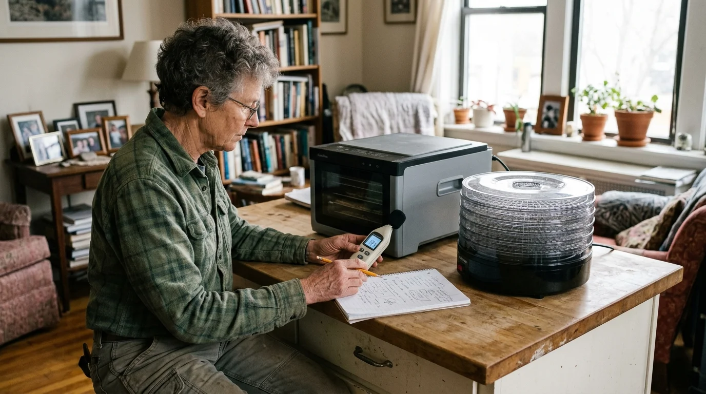 A person holding a sound level meter and pencil sits at a desk between two tabletop food dehydrators.