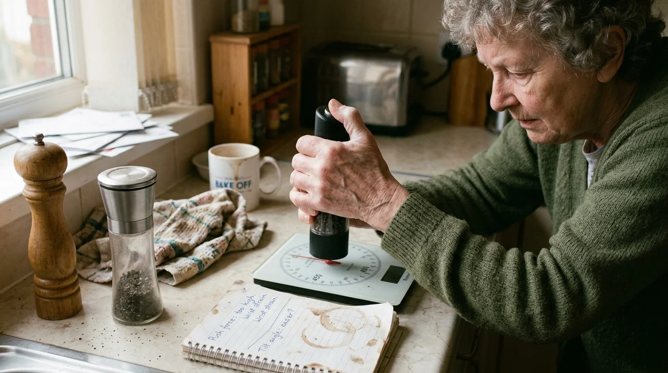 An older woman in a green sweater presses an electric pepper mill down onto a kitchen scale to test push force.