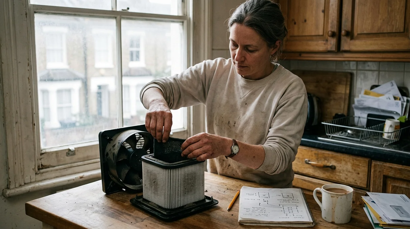 A woman in a kitchen handles a rectangular pleated filter next to an exhaust fan and open notebook on a wooden table.