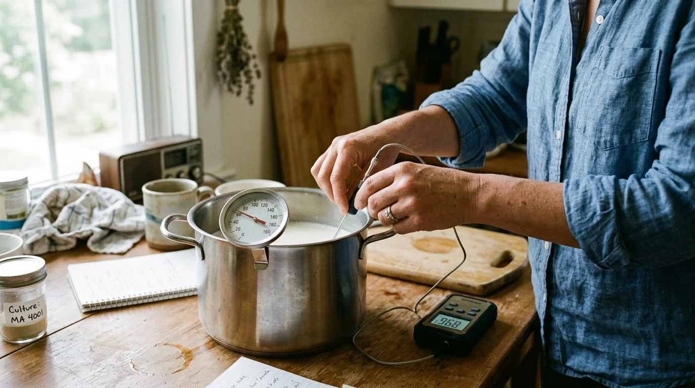 A person checks warm milk in a stainless steel pot using both an analog dial thermometer and a digital thermocouple probe.