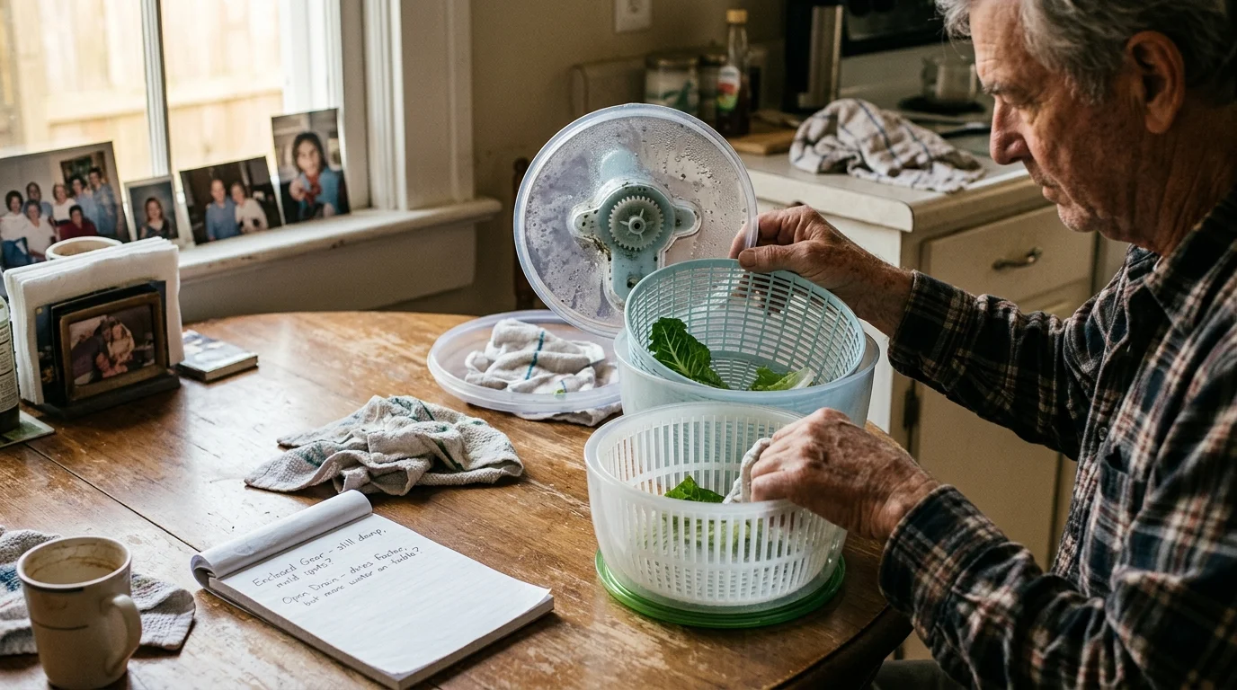 Man at a wooden table inspects disassembled salad spinner parts, including gear lids, colander baskets, and a notebook.