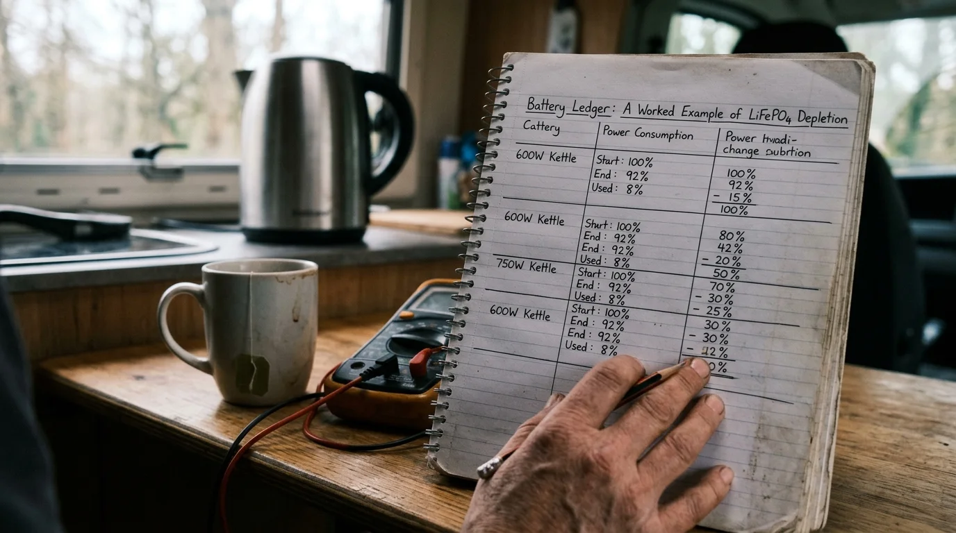 Handwritten battery ledger in a spiral notebook on a camper counter beside a multimeter, mug, and electric kettle.