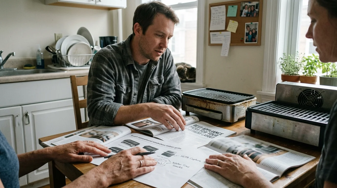 A man and woman sit at a kitchen table reviewing grill diagrams, magazines, and two electric smokeless grills.