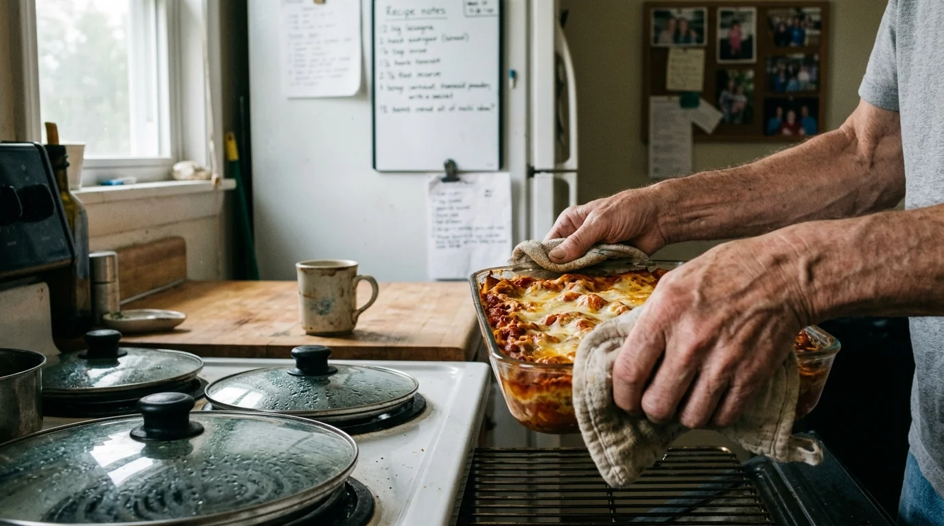 Hands using cloth towels to hold a hot glass baking dish filled with lasagna over an open oven rack in a kitchen.