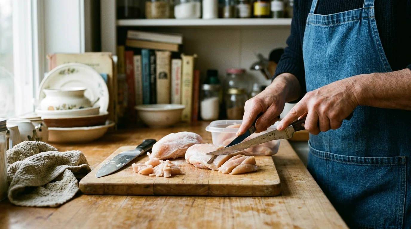 Person in a denim apron slicing raw chicken breasts on a wooden cutting board with a boning knife.