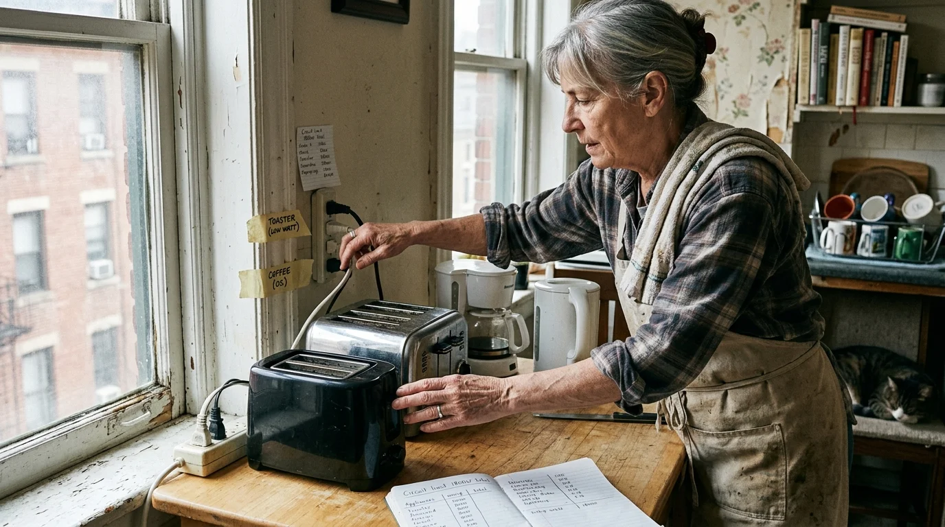 A woman plugs small kitchen appliances into an outlet near a window beside toasters, a coffee maker, and notes.