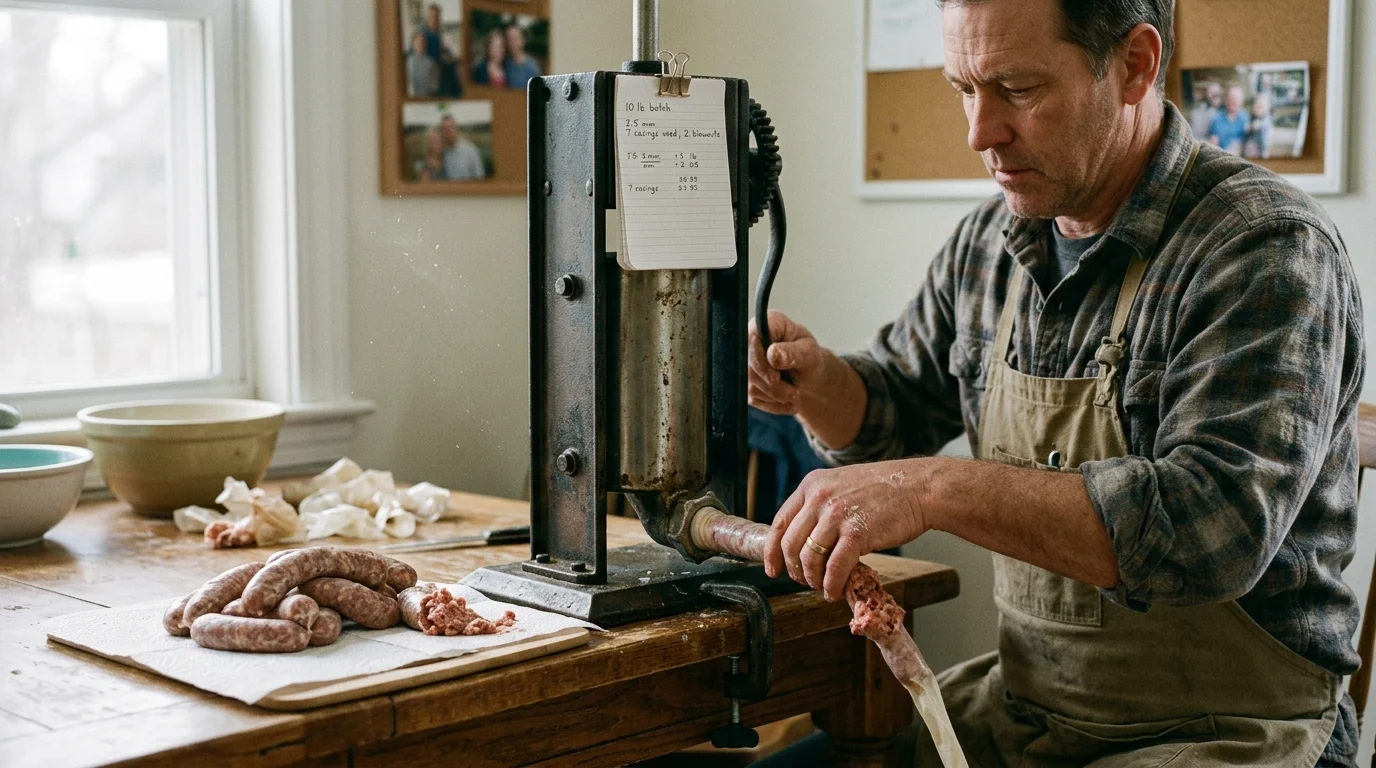 Man in an apron operating a vertical sausage stuffer clamped to a wooden table beside freshly stuffed sausage links.