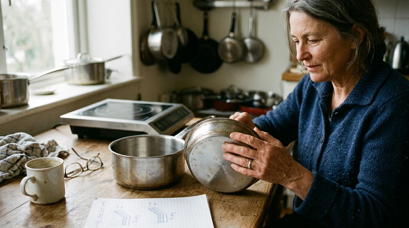 A woman inspects the base of a stainless steel saucepan at a wooden table near an induction cooktop and diagrams.