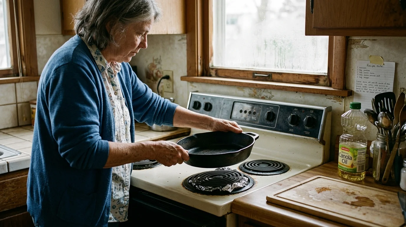 A woman in a blue cardigan places a black cast iron skillet onto an electric coil burner on a white stove.