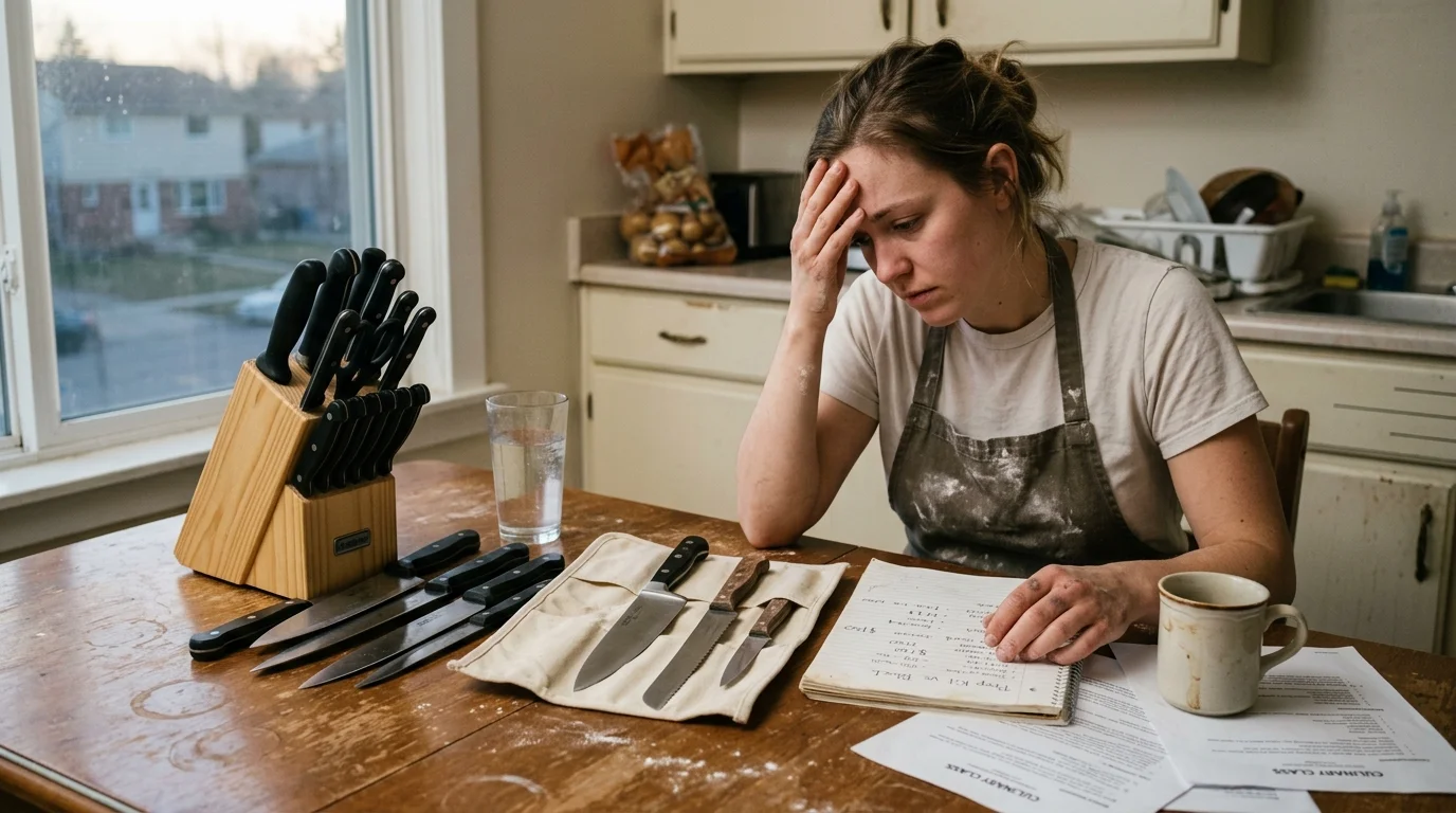 A stressed woman in an apron sits at a table with a wooden knife block, knife roll, and notes.