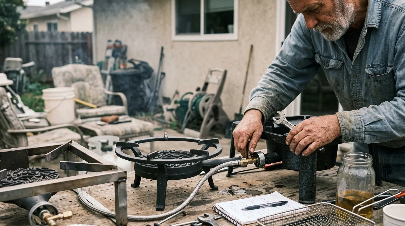 A bearded man using a wrench to assemble outdoor cast-iron propane burners on a wooden workbench.