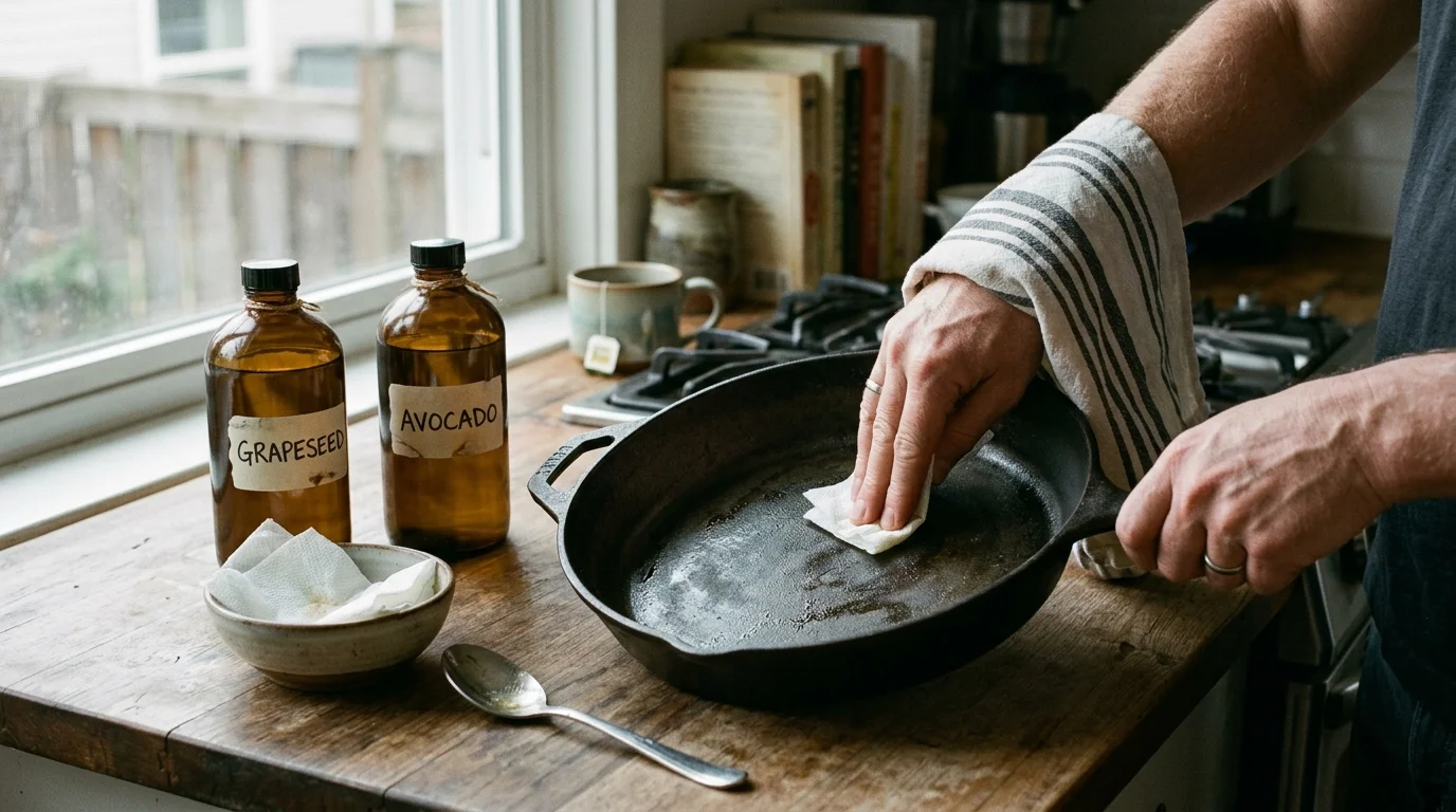 Hands rub a cast iron skillet with a paper towel beside amber glass bottles labeled Grapeseed and Avocado.