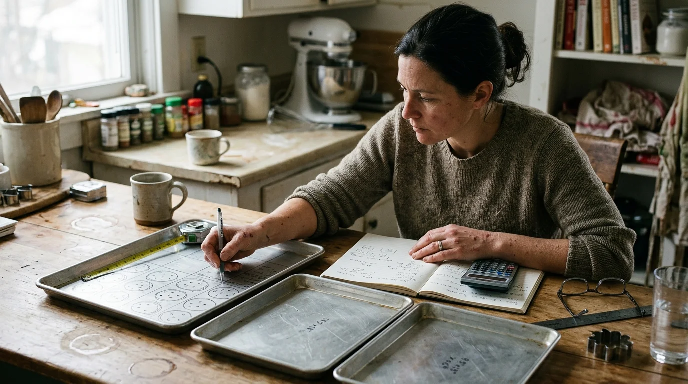 A woman sits at a wooden kitchen table calculating measurements with a notebook, calculator, tape measure, and baking pans.
