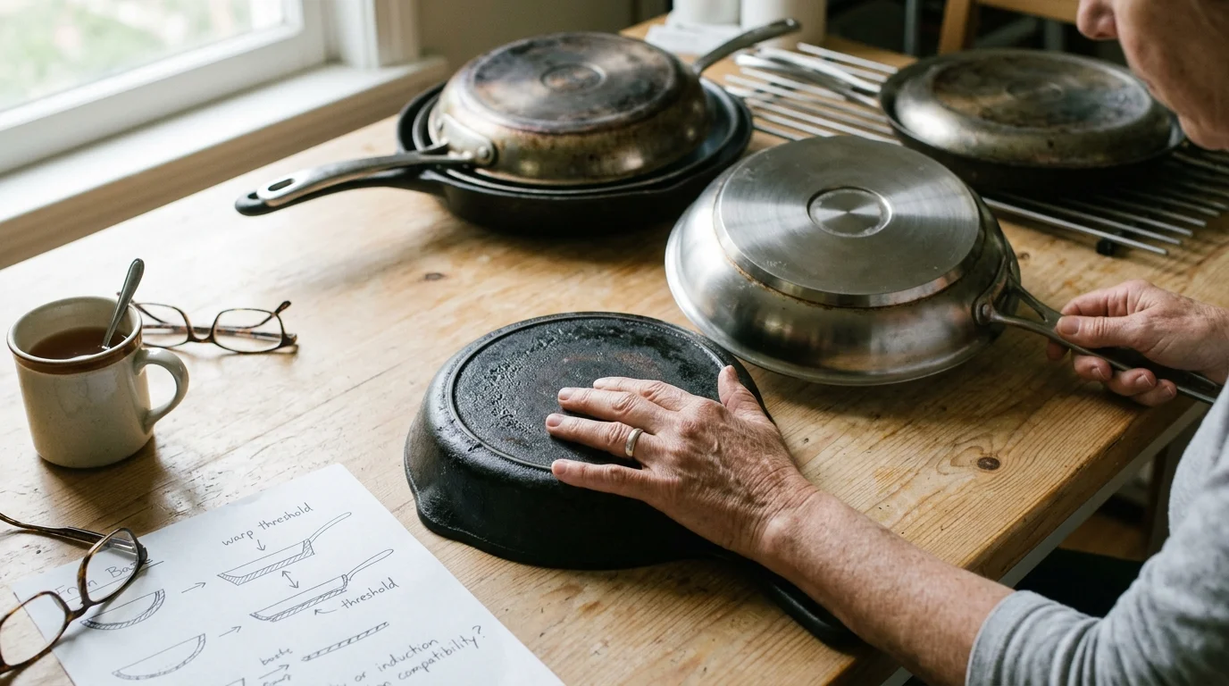 Person inspecting the undersides of various upside-down frying pans and a cast-iron skillet on a wooden table beside diagrams.