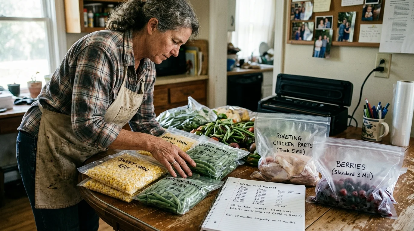 A woman in an apron organizes labeled vacuum-sealed bags of sweet corn, beans, and meat beside a sealer and notebook.