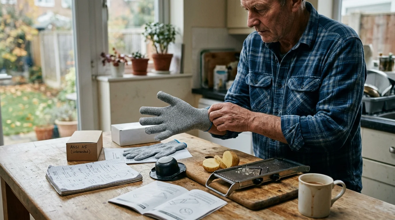 A man putting on a gray cut-resistant glove at a wooden kitchen counter with a mandoline slicer and sliced potatoes.