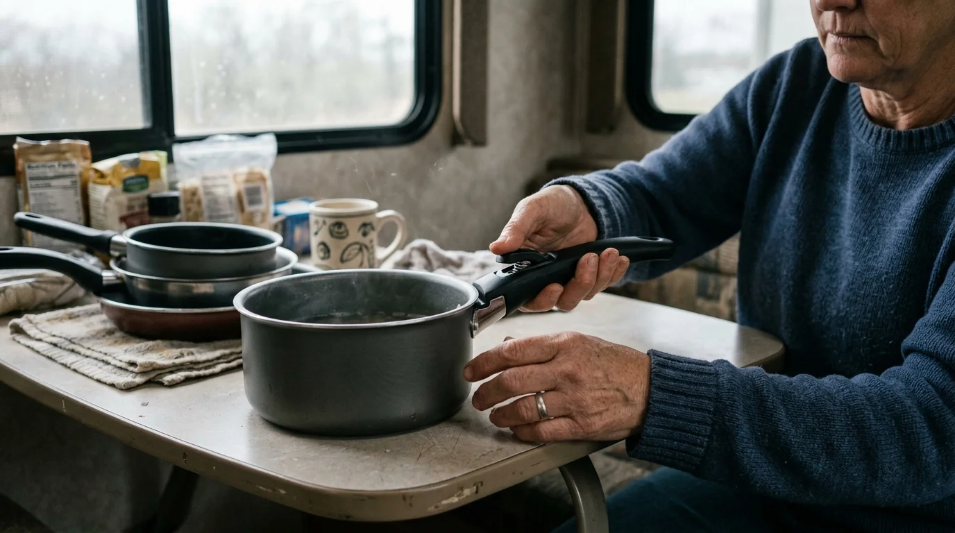 A person attaches a black removable handle to a steaming cooking pot on an RV camper table.